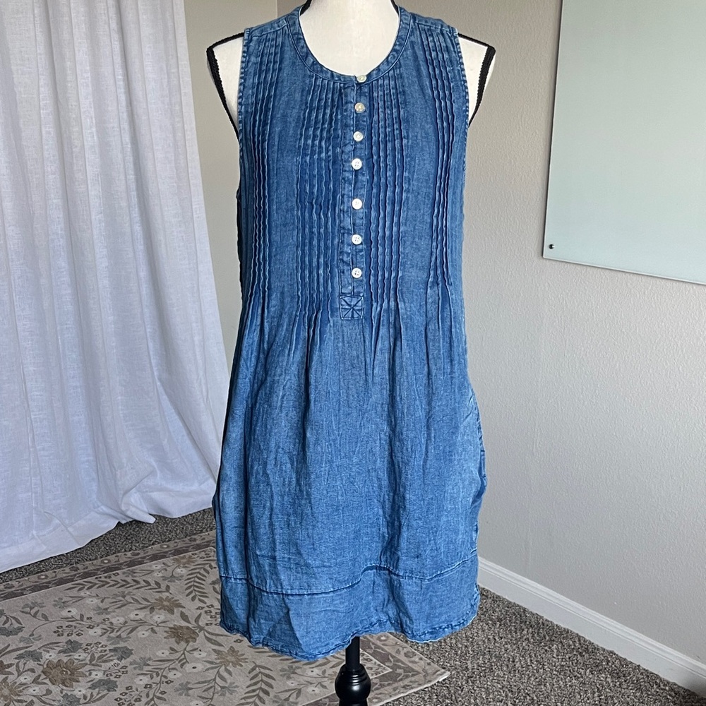 Faherty Organic Cotton Pleated Button Front Dress with Pockets Blue Size Medium